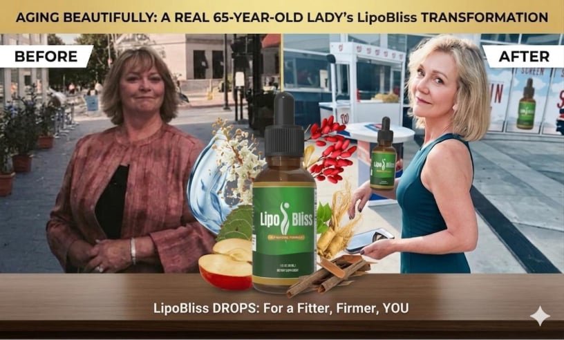 Before and after transformation of a woman with LipoBliss bottle in the center, highlighting appetite control, fat metabolism, and visible weight loss results.