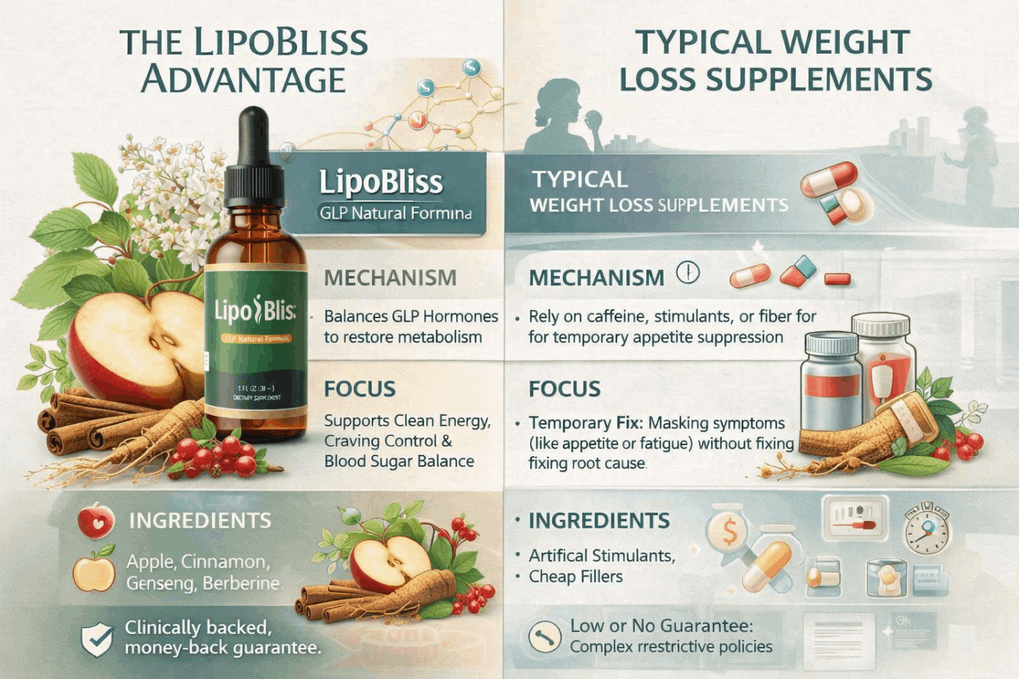 Infographic comparing LipoBliss natural GLP formula with typical stimulant weight loss supplements.