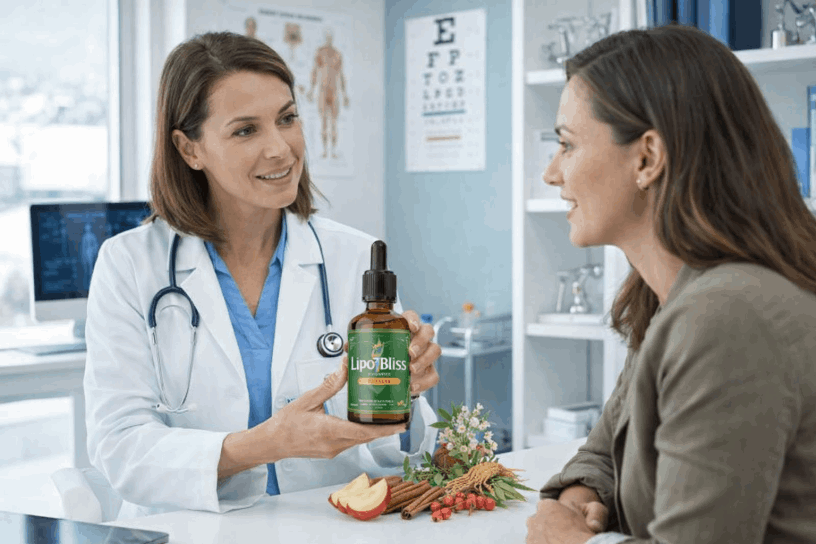 Doctor explaining LipoBliss supplement benefits to her patient in a clinical setting, highlighting appetite control and metabolic support.