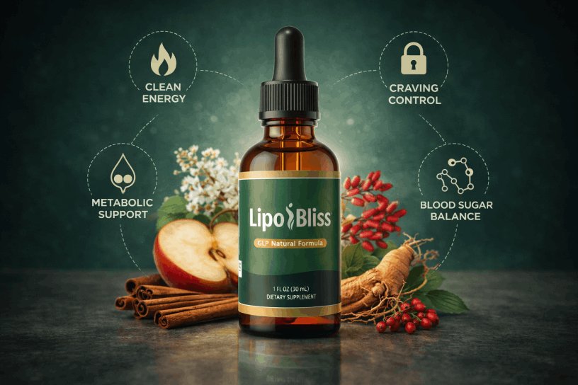 LipoBliss GLP natural formula drops with apple, cinnamon, ginseng and plant ingredients for clean energy, craving control, blood sugar balance and metabolism support