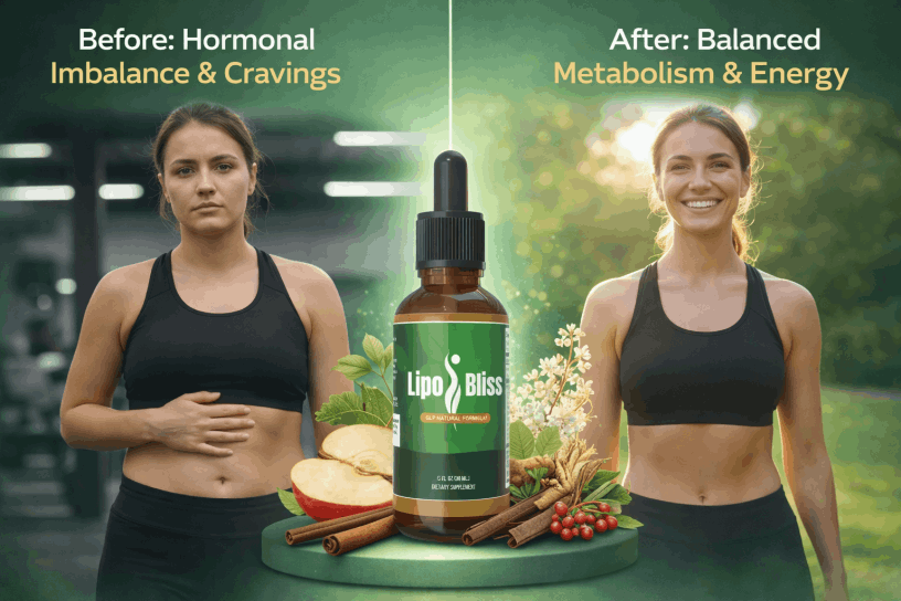 LipoBliss GLP natural formula before and after results showing improved energy, craving control, blood sugar balance and metabolism support